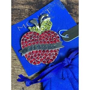 MONET Brooch Pin Apple #1 Teacher Rhinestone Tone Vintage Modern